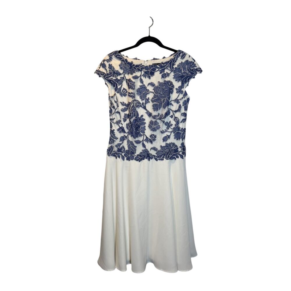 Tadashi Shoji Embroidered Lace Fit & Flare Midi Dress with Boat Neck, Cap Sleeve